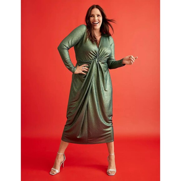 Lane Bryant Shimmer Holiday Dress 14/16 Green V Neck Twist Long Sleeve Stretch - Picture 1 of 8